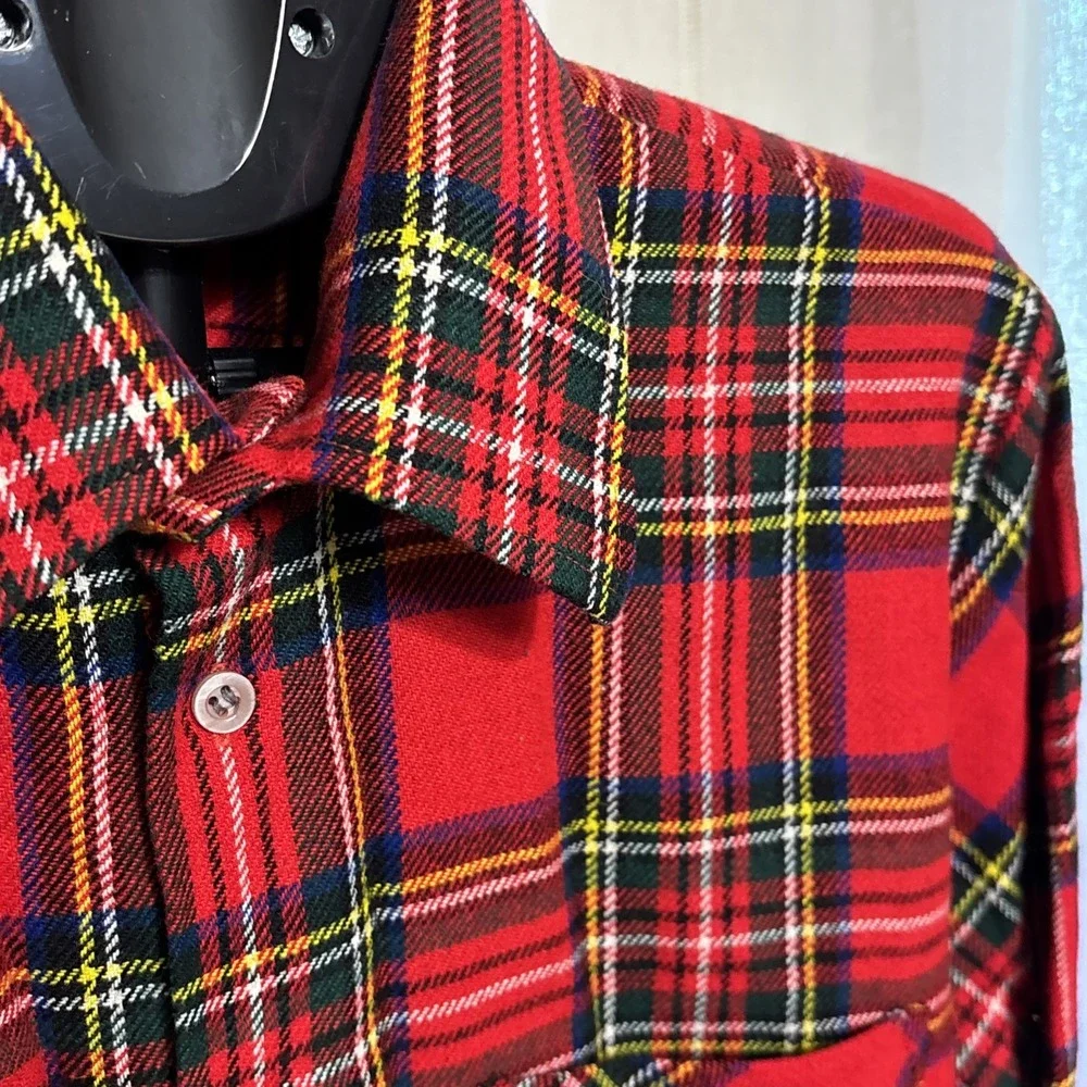 Vtg Sz L Henryk Shirt Mens Large Red Blue Plaid Button Up Wool Blend Made UK 90s